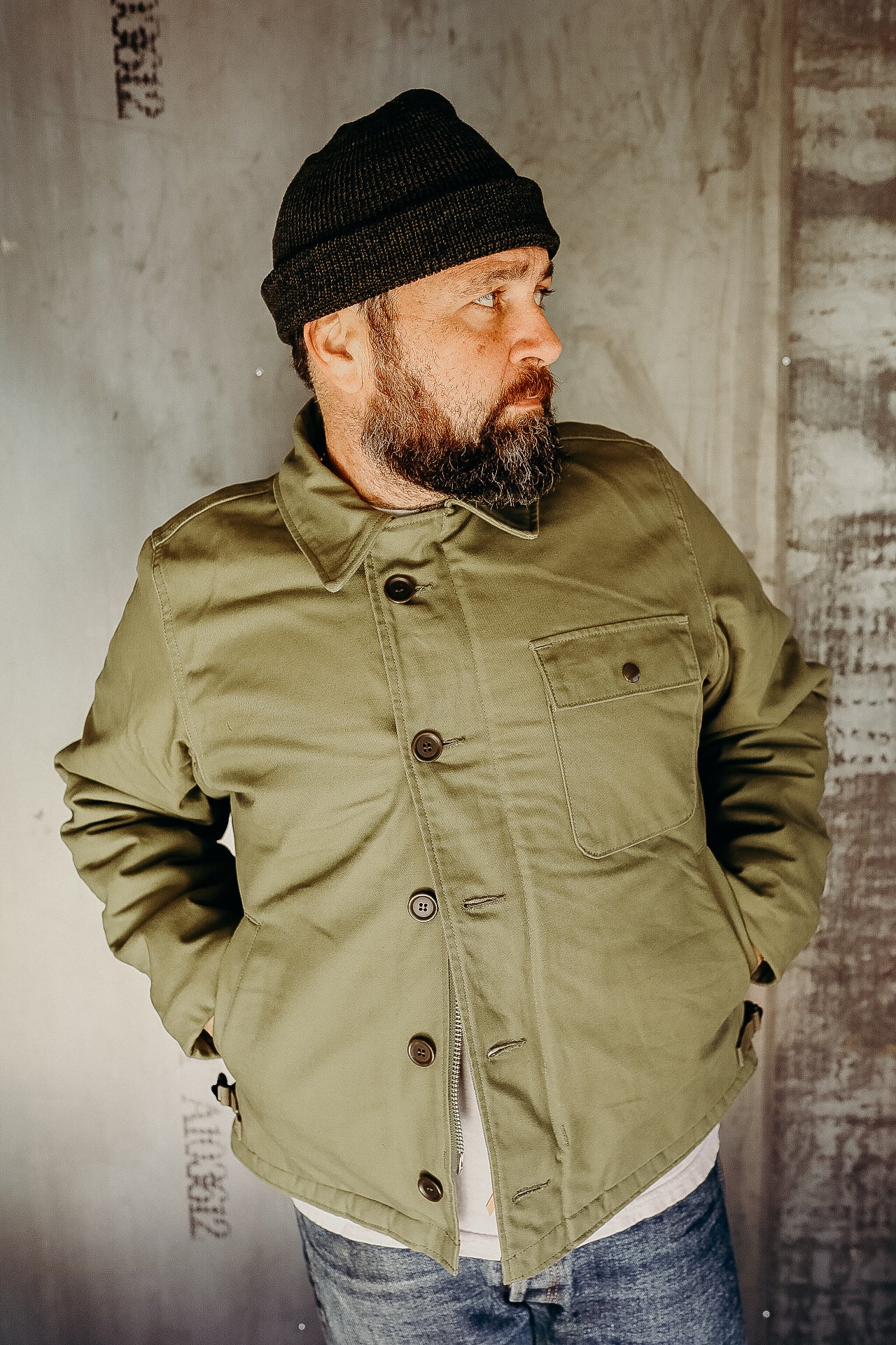 Military Serge A2 Deck Jacket - Olive