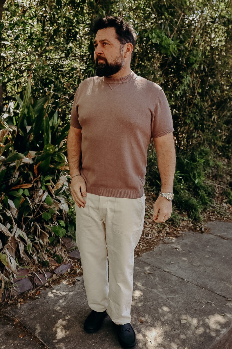 Cotton/Linen Knit Polo Mauve - 3sixteen