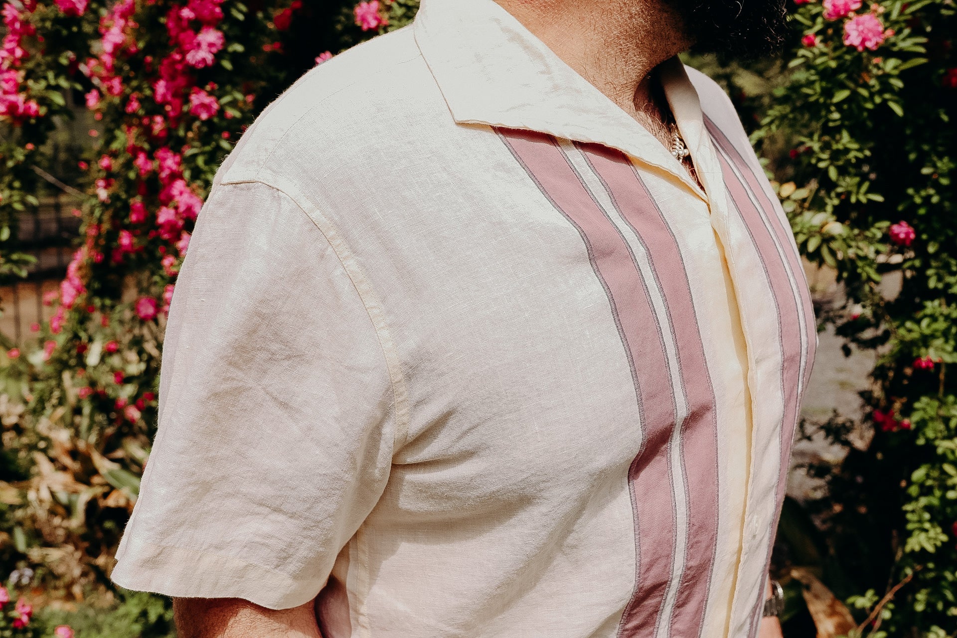 Leisure Shirt-Natural/Mauve Border Stripe Applique