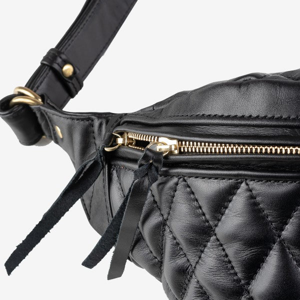 Diamond Stitched Leather Waist Bag - Black IHE-45-BLK