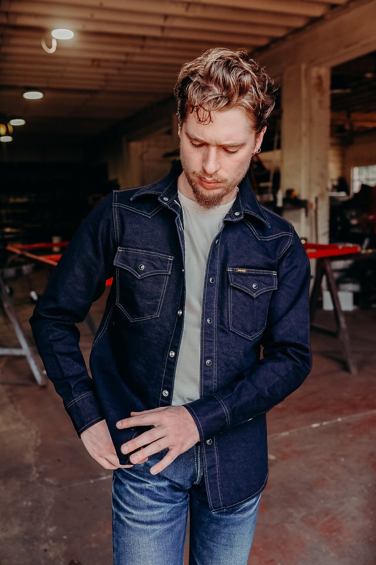 14oz Selvedge Denim Western Shirt - Indigo/Black IHSH-295-IB