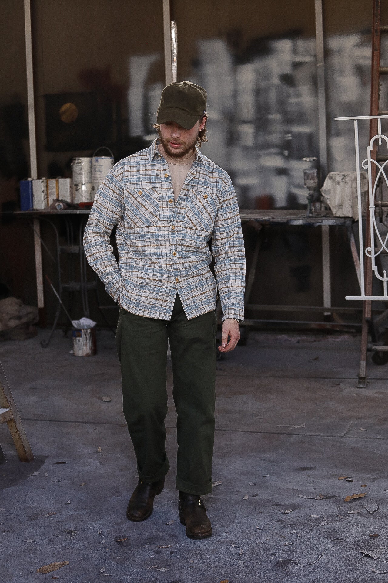 Flannel Work Shirt- Blue and Cream Slub