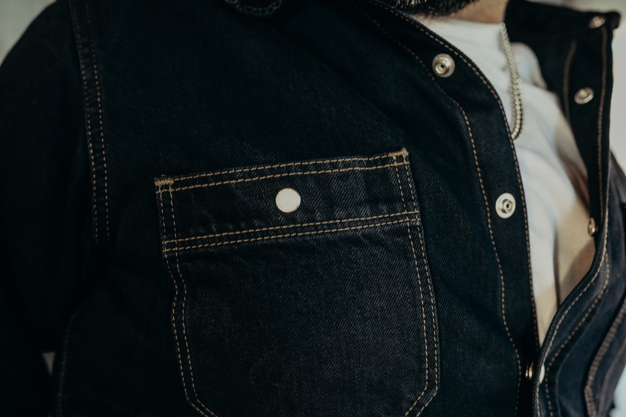 12oz Selvedge Denim Work Shirt With Snaps - Indigo Overdyed Black IHSH-326OD