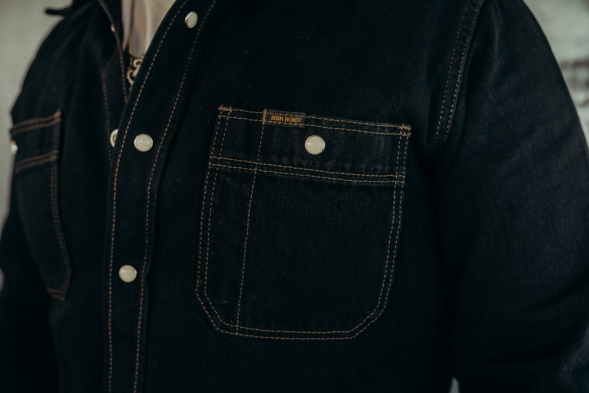 12oz Selvedge Denim Work Shirt With Snaps - Indigo Overdyed Black IHSH-326OD