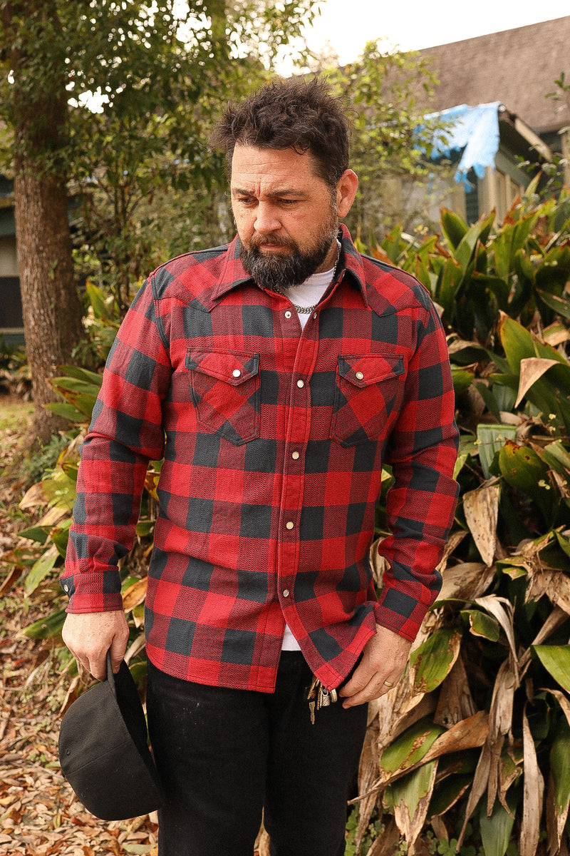 THE FLAT HEAD SNW-101L BLOCK CHECK WESTERN FLANNEL SHIRT - RED