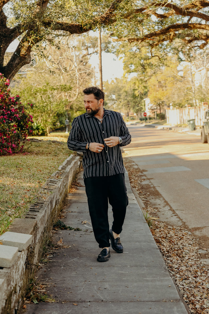 LS OPEN COLLAR SHIRT - BLACK STRIPED LINEN – Iron Shop Provisions