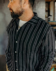 LS OPEN COLLAR SHIRT - BLACK STRIPED LINEN