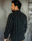 LS OPEN COLLAR SHIRT - BLACK STRIPED LINEN