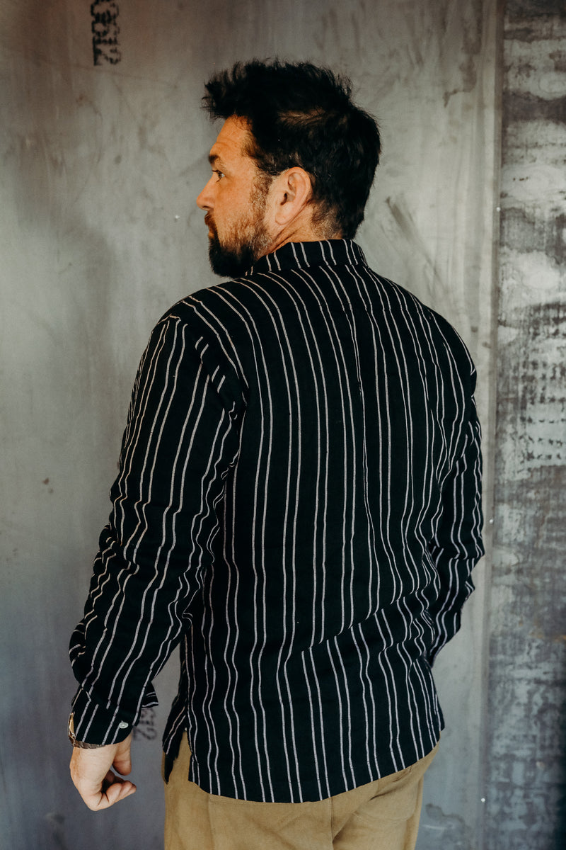 LS OPEN COLLAR SHIRT - BLACK STRIPED LINEN – Iron Shop Provisions